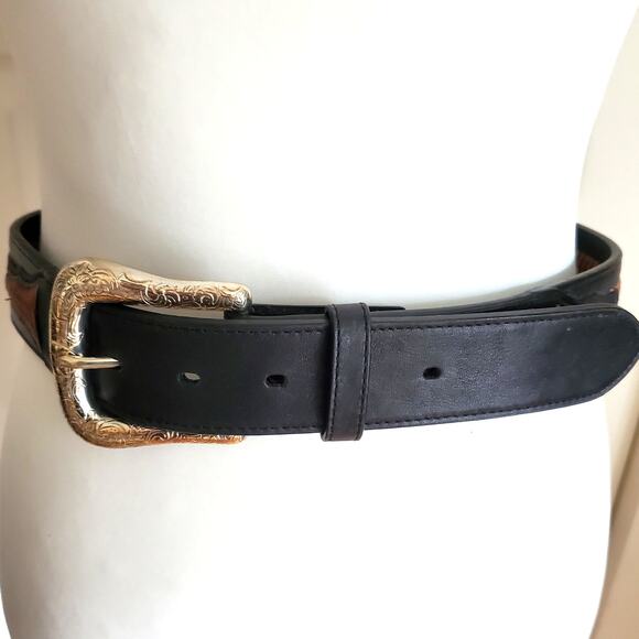 Ariat Brown Black Western Leather Belt Braided Two Tone 32 Silver Tooled Buckle - Picture 2 of 13